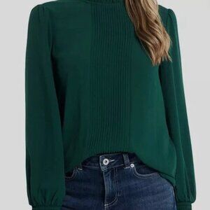 CeCe Smocked Cuff Pin-Tuck Front Blouse Long Sleeve Green New Size Medium